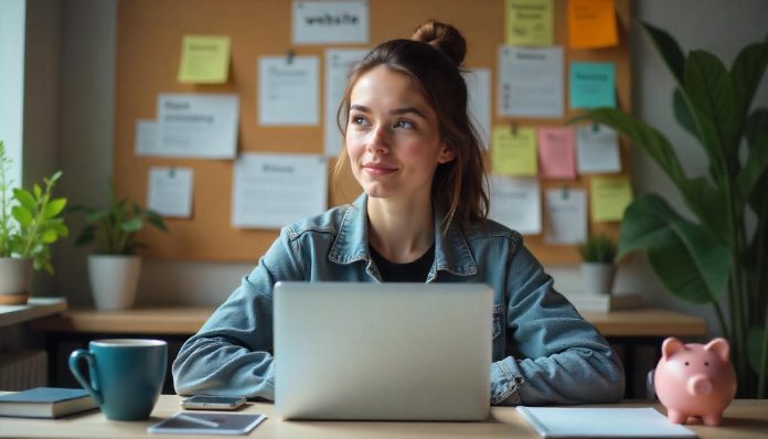 bedrijf-starten-zonder-geld-ondernemen-budget-website Startende ondernemer bouwt een bedrijf zonder startkapitaal met laptop en marketingplannen op een budgetvriendelijke werkplek