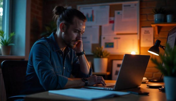 Ondernemer werkt laat door aan zijn businessplan met focus en vastberadenheid