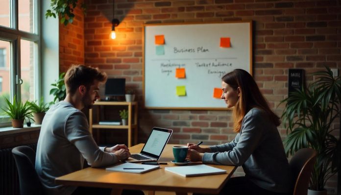 Startende ondernemers brainstormen in creatieve werkruimte over bedrijfsplan en marketingstrategie