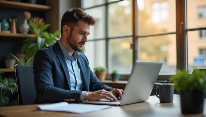 baan-zoeken-2025-kansen-nederland Jonge professional werkt aan sollicitatie in 2025 aan bureau met laptop en koffie