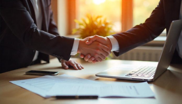 Een moderne zakelijke afbeelding die een samenwerking weergeeft tussen ondernemer en HR/payrollpartner Mettom. De focus ligt op personeelsbeheer, salarisadministratie en juridische voorbereiding voor bedrijven. Ideaal voor een blog over succesvol starten met payrolling en HR-advies.