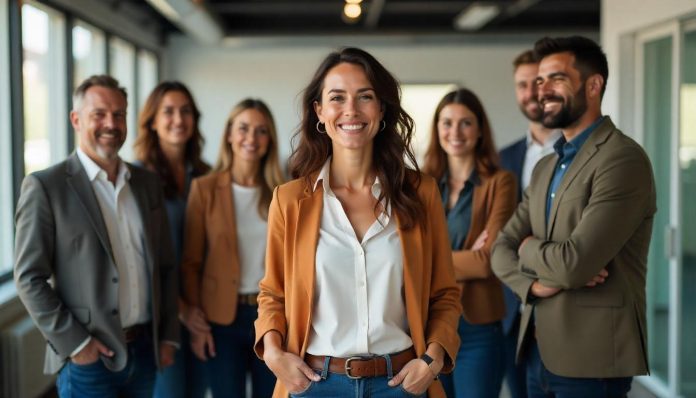 jezelf-laten-zien-op-de-werkvloer Een zelfverzekerde medewerker die zichzelf laat zien op de werkvloer met steun van collega's in een inclusieve kantooromgeving.