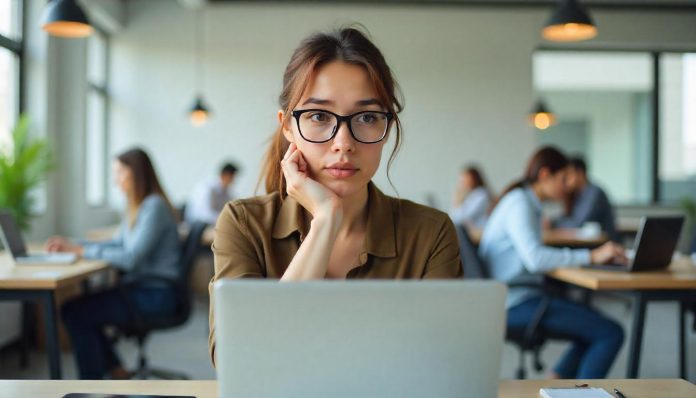 Slimme jonge vrouw op kantoor die nadenkt over haar onzekerheid, in een ondersteunende en professionele werkomgeving.