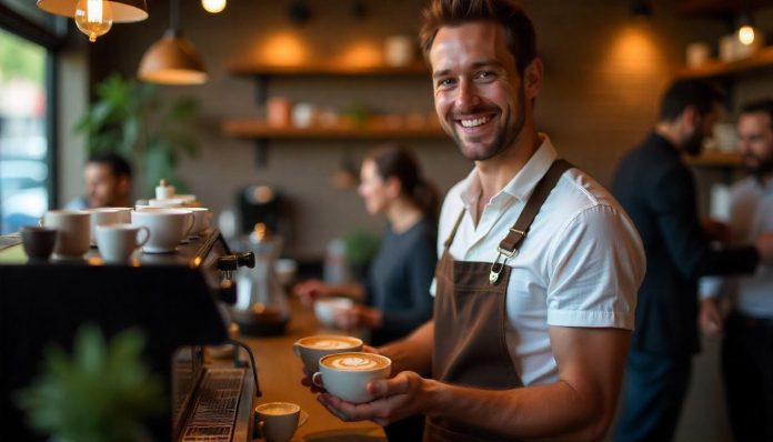 Vriendelijke barista die cappuccino met latte art maakt in een gezellige koffiebar