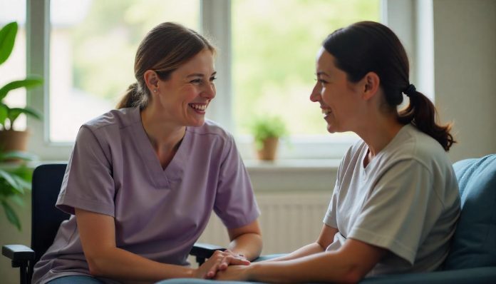 Zorgverlener begeleidt een persoon met een verstandelijke beperking in een rustige zorgomgeving