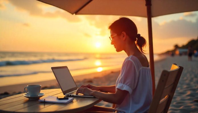 Digital nomad werkt online vanaf een zonnige locatie – symbool voor vrijheid en locatie-onafhankelijk ondernemen