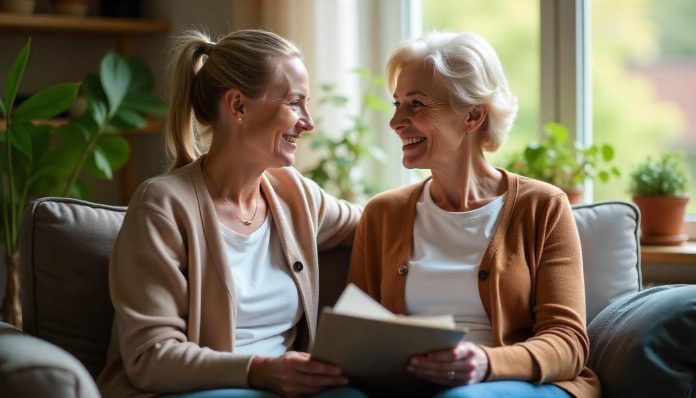 Begeleider ondersteunt cliënt in een zorginstelling met een zorgplan in de hand.