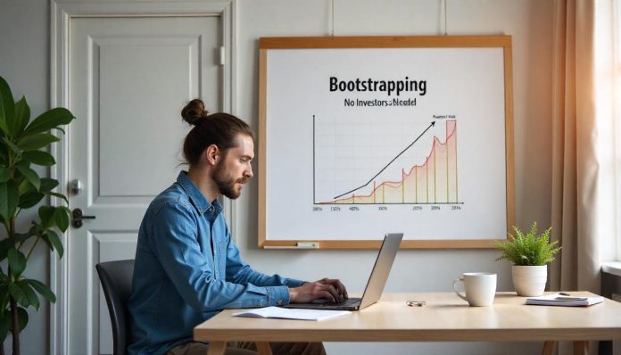 succesvol-ondernemen-zonder-investeerders-bootstrapping Ondernemer werkt zelfstandig aan bedrijfsgroei zonder investeerders met bootstrapping strategie