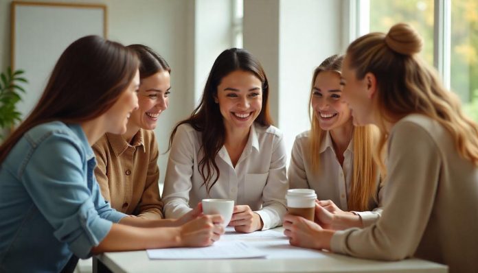 Vriendelijke collega’s werken samen in een positieve en moderne kantooromgeving