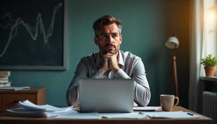 Vastberaden ondernemer zittend aan een bureau met papieren en laptop, die de uitdagingen en het doorzettingsvermogen van ondernemerschap symboliseert, inclusief financiële onzekerheid en stress, gecombineerd met hoop en veerkracht.