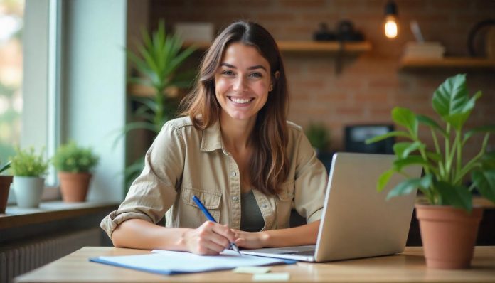 hoe-blijft-solliciteren-leuk Jonge volwassene geniet van het sollicitatieproces met een glimlach terwijl hij aan zijn cv werkt.