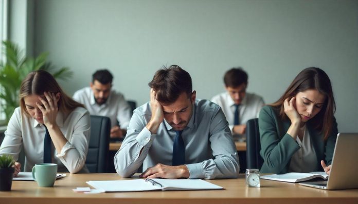 Groep gedeprimeerde kantoormedewerkers met tekenen van burn-out en bore-out, emotioneel uitgeput en ongeïnteresseerd