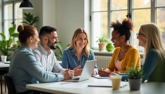 werknemersgeluk-verhogen-gelukkige-werknemers-kantoor Gelukkige medewerkers aan het werk in een positief kantoor met open communicatie en waardering.