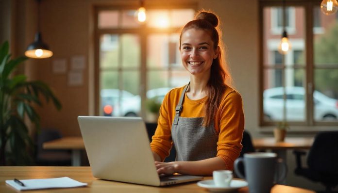 Startende ondernemer begint eigen bedrijf met behulp van microkrediet, zittend in een bescheiden kantoorruimte.