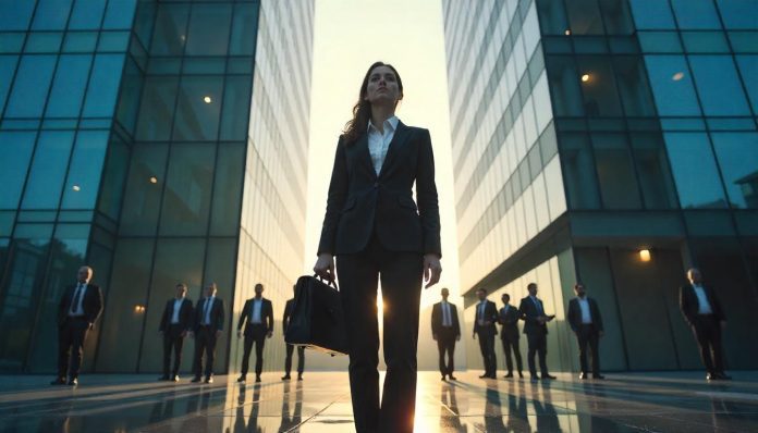 Zelfverzekerde Nederlandse zakenvrouw breekt door het glazen plafond in een door mannen gedomineerde zakenwereld