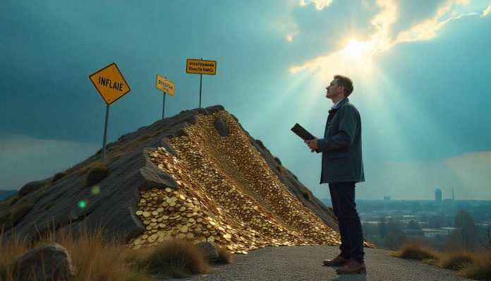 Persoon kijkt op naar een berg van goud met obstakels als inflatie, belasting en sociale druk – symbolisch voor de uitdaging om miljonair te worden