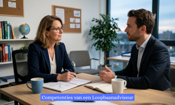 Een realistische foto van een professioneel gesprek in een modern kantoor. Een vrouwelijke loopbaanadviseur met een bril luistert aandachtig naar een jonge mannelijke cliënt die tegenover haar aan een houten bureau zit. Op de achtergrond staan een boekenkast en een kamerplant, en op de voorgrond is een laptop met grafieken zichtbaar.