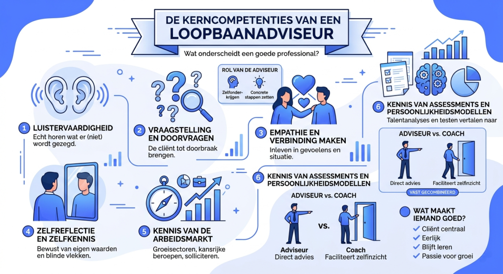 Een blauw-witte infographic getiteld "De Kerncompetenties van een Loopbaanadviseur". De afbeelding toont genummerde iconen en korte teksten voor de belangrijkste vaardigheden, zoals luistervaardigheid, vraagstelling en zelfreflectie. Daarnaast bevat de infographic een vergelijking tussen een adviseur en een coach, en een checklist van wat een goede professional kenmerkt.