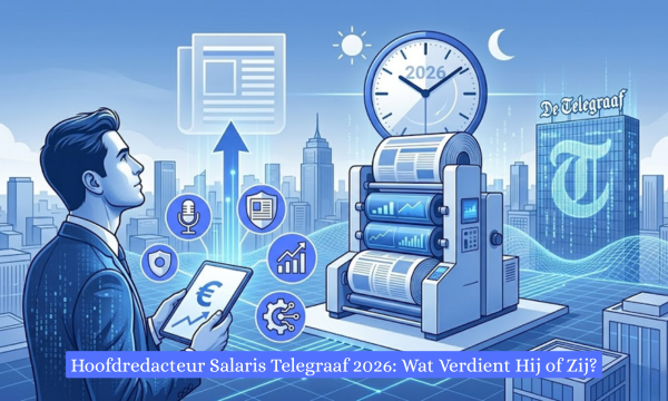 Een moderne, blauw-witte illustratie van een mannelijke media-professional in een strak pak die op een tablet kijkt met een euroteken en een stijgende grafiek. Hij bevindt zich in een digitale stadskennisgeving met op de achtergrond een grote, futuristische drukpers, een klok die naar het jaar 2026 verwijst en het iconische gebouw van De Telegraaf. Verschillende zwevende iconen omringen hem, zoals een microfoon, een schild en grafieken, die symbool staan voor digitale journalistiek, multimedia en management.