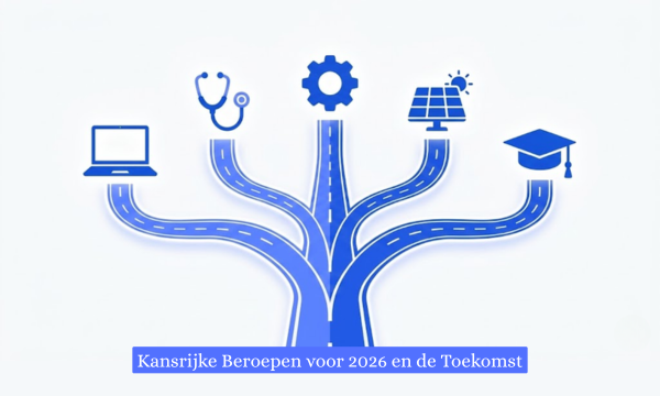 A blue graphic showing a single road branching out into five separate career paths, each leading to a different blue industry icon: a laptop, a stethoscope, a gear, a solar panel, and a graduation cap. Overlaid text at the bottom reads, 