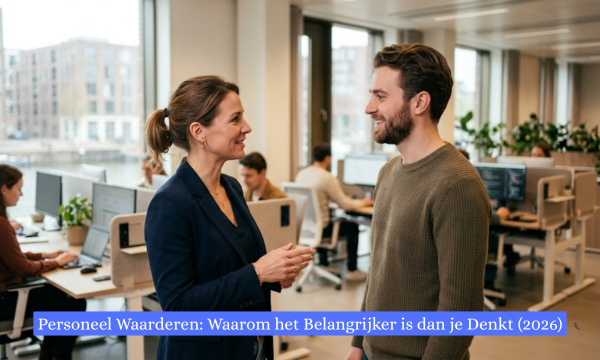 Modern Dutch office scene showing a woman manager in a blazer speaking with an appreciative, authentic smile to a male developer in a brown sweater during a meaningful interaction about employee recognition. In the background, other colleagues are working productively at stylish modular desks by large windows overlooking an Amsterdam canal and cityscape, all with a shallow depth of field. A blue banner across the bottom features the Dutch text: 