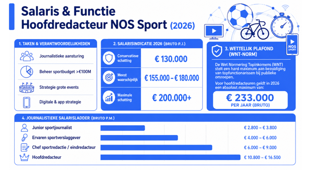 Infographic over salaris, taken en verantwoordelijkheden van een hoofdredacteur bij NOS Sport in 2026, inclusief WNT-norm en journalistieke salarisladder.