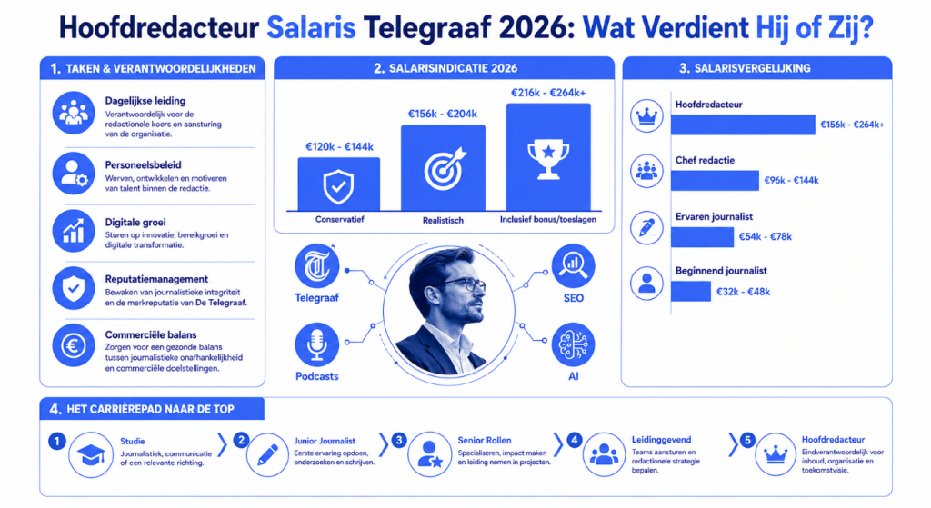 Infographic in Dutch showing het salaris van de hoofdredacteur van De Telegraaf in 2026, inclusief taken en verantwoordelijkheden, salarisindicaties per niveau (€120k tot €264k+), salarisvergelijking met andere journalistieke functies, en het carrièrepad naar hoofdredacteur, met een moderne blauwe en witte corporate stijl en een centraal media-profiel met links naar SEO, podcasts en AI.
