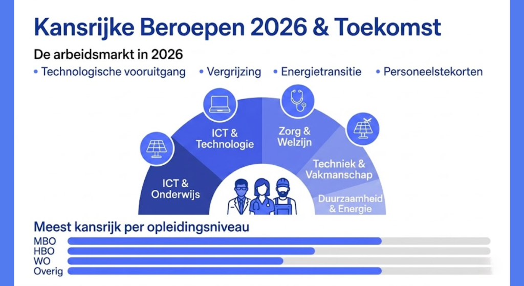 An infographic in Dutch titled "Kansrijke Beroepen 2026 & Toekomst" (Promising Professions 2026 & Future) detailing labor market trends for 2026. A central semi-circle graphic displays key sectors including ICT & Technology, Healthcare & Welfare, Engineering, and Sustainability. The top highlights market drivers like technological progress and staff shortages, while the bottom features a bar chart comparing promising outlooks across Dutch educational levels (MBO, HBO, WO, Overig).